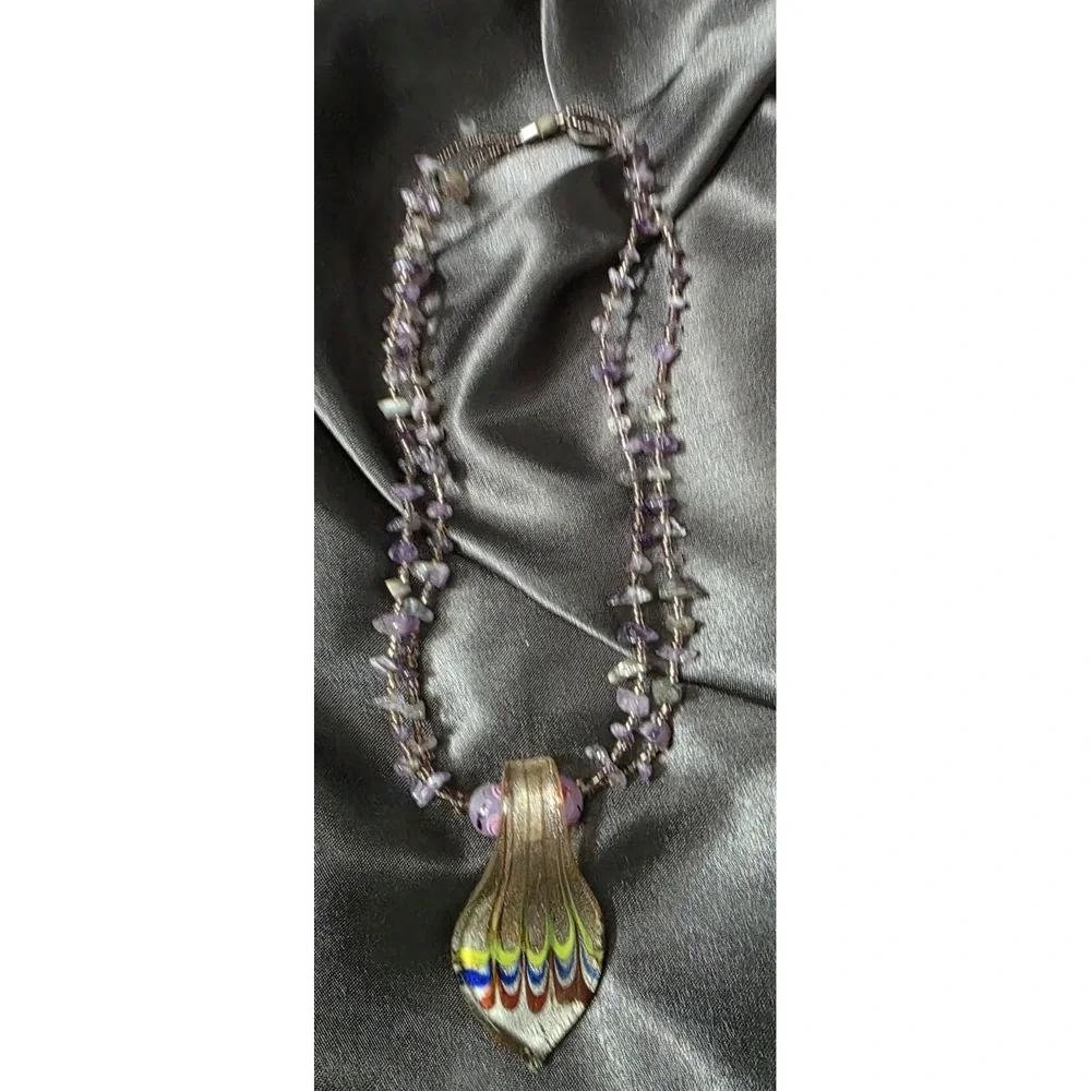 Murano Style Glass Pendant & Amethyst Necklace
